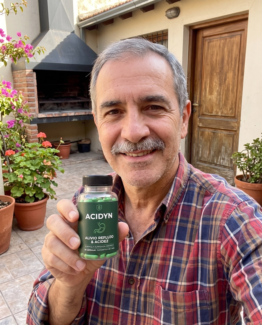 Cliente con su frasco de Acidyn en el patio
